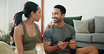 Relax, phone and happy couple talking in home for social media, online shopping and payment. Man, woman and mobile in living room for conversation, account review and check credit score on internet