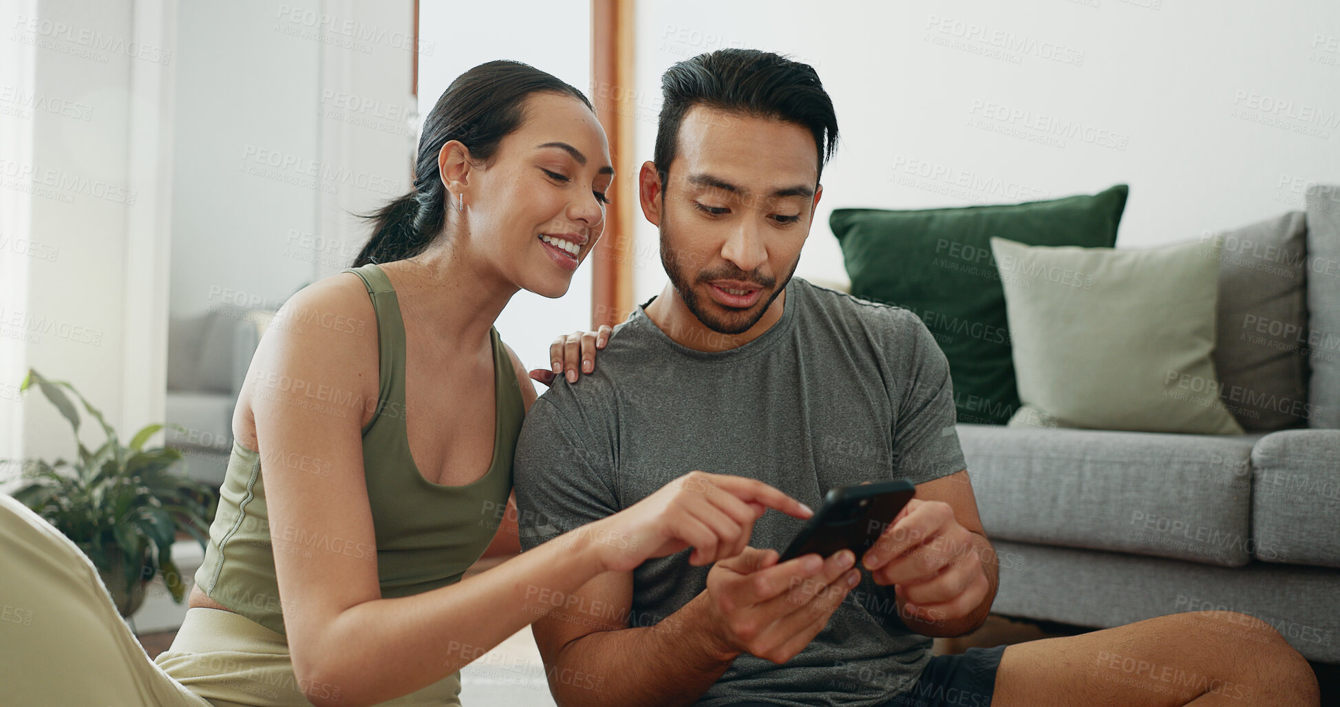 Buy stock photo Online shopping, phone and happy couple talking in home for social media, choice and payment. Man, woman and mobile in living room for conversation, account review and check credit score on internet