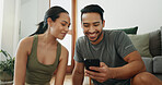 Relax, smartphone and happy couple in home for social media, online shopping or payment on app. Man, woman and mobile in living room for conversation, account review or check credit score on internet