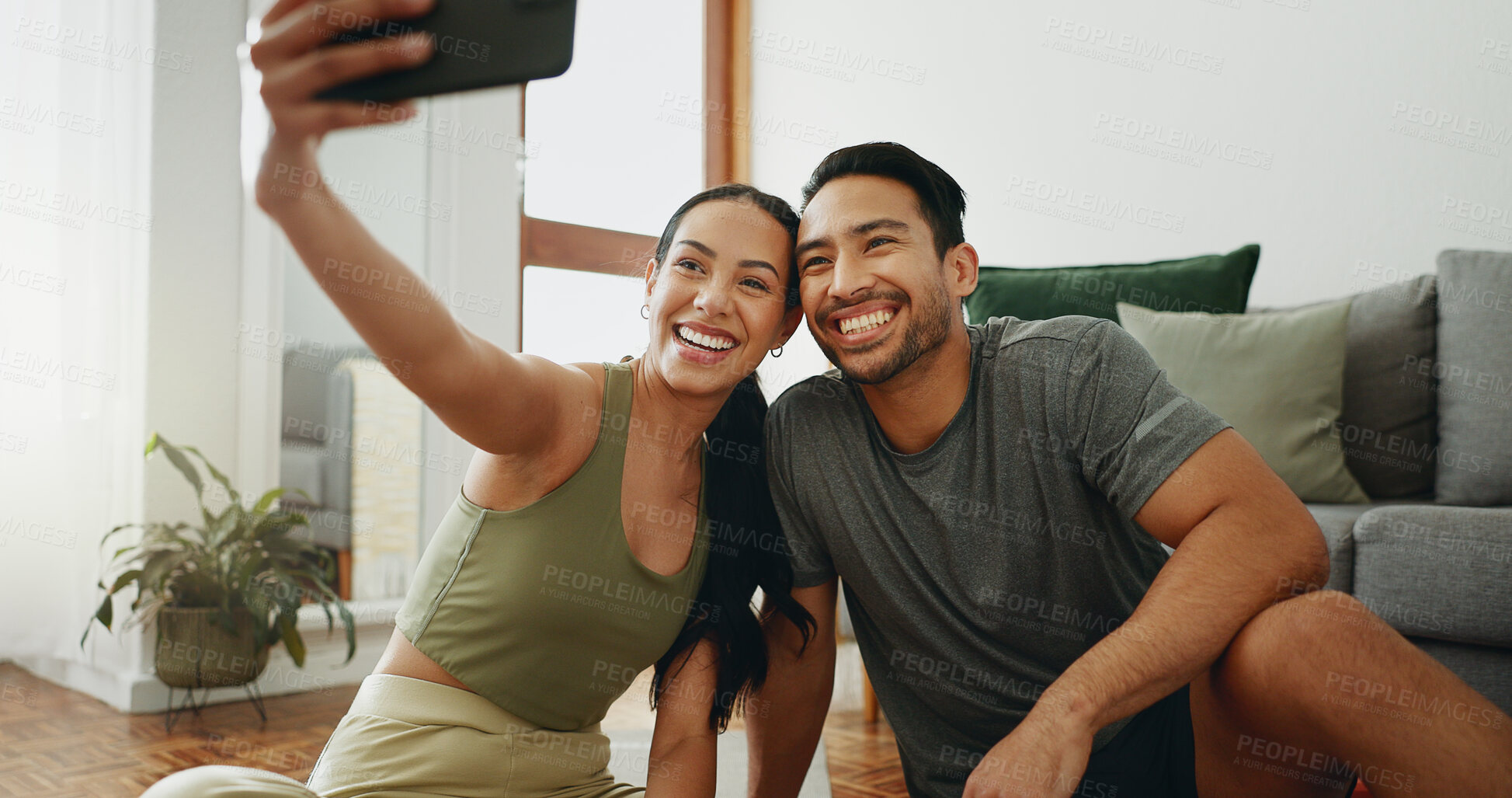 Buy stock photo Happy couple, fitness and selfie with photography for workout, exercise or indoor training together at home. Active man and young woman with smile for memory, picture or moment in health and wellness