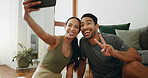 Happy couple, fitness and selfie with picture for workout, exercise or indoor training together at home. Young woman and man with peace sign, emoji or smile for photography, memory or moment at house