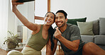 Happy couple, fitness and selfie with heart emoji for workout, exercise or indoor training together at home. Young woman and man with love or smile for photography, memory or picture moment at house