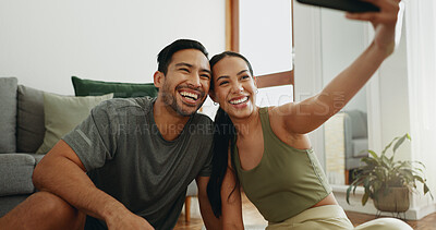 Buy stock photo Happy couple, fitness and selfie with memory for workout, exercise or indoor training together at home. Active man and young woman with smile for photography, picture or moment in health and wellness