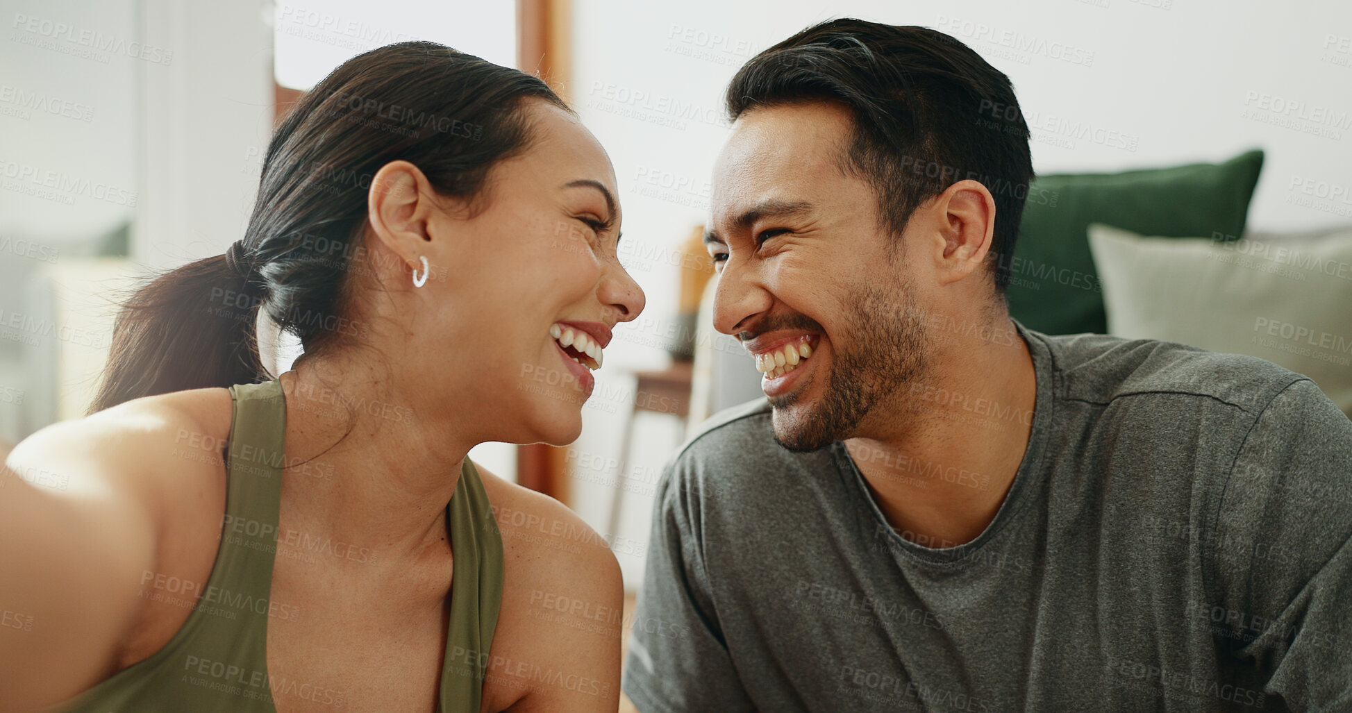 Buy stock photo Happy couple, fitness and laughing with selfie for workout memory, exercise or training together at home. Young man and woman with smile for photography, picture or moment in health and wellness