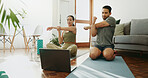 Couple, cardio and stretching with laptop, online class and warm up for exercise and muscle training at home. Workout, internet video and people with sports, wellness and technology for health guide