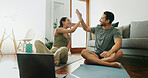 Man, woman and high five with laptop, online class and warm up for exercise and muscle training at home. Workout, internet video and couple with celebration, wellness and technology for health guide