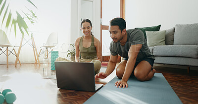 Buy stock photo Happy couple, laptop and workout with mat for online class, tutorial or routine exercise together at home. Man and woman on computer for health tips, training or steps in fitness or training on floor