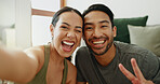 Happy couple, fitness and portrait with peace sign for selfie, memory, or workout together at home. Young man and woman with smile or emoji for photography, picture or moment in health and wellness