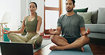 Laptop, yoga and couple with meditation in house living room for pilates training, online class or breathing. Lotus, zen man and calm woman relax for mental health, chakra balance or internet guide