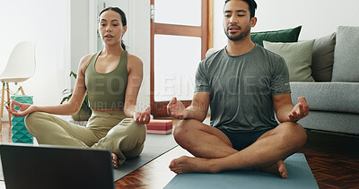 Buy stock photo Laptop, yoga and couple with meditation in house living room for pilates tutorial, online class or breathing. Lotus, zen man and calm woman relax for mental health, chakra balance or internet guide