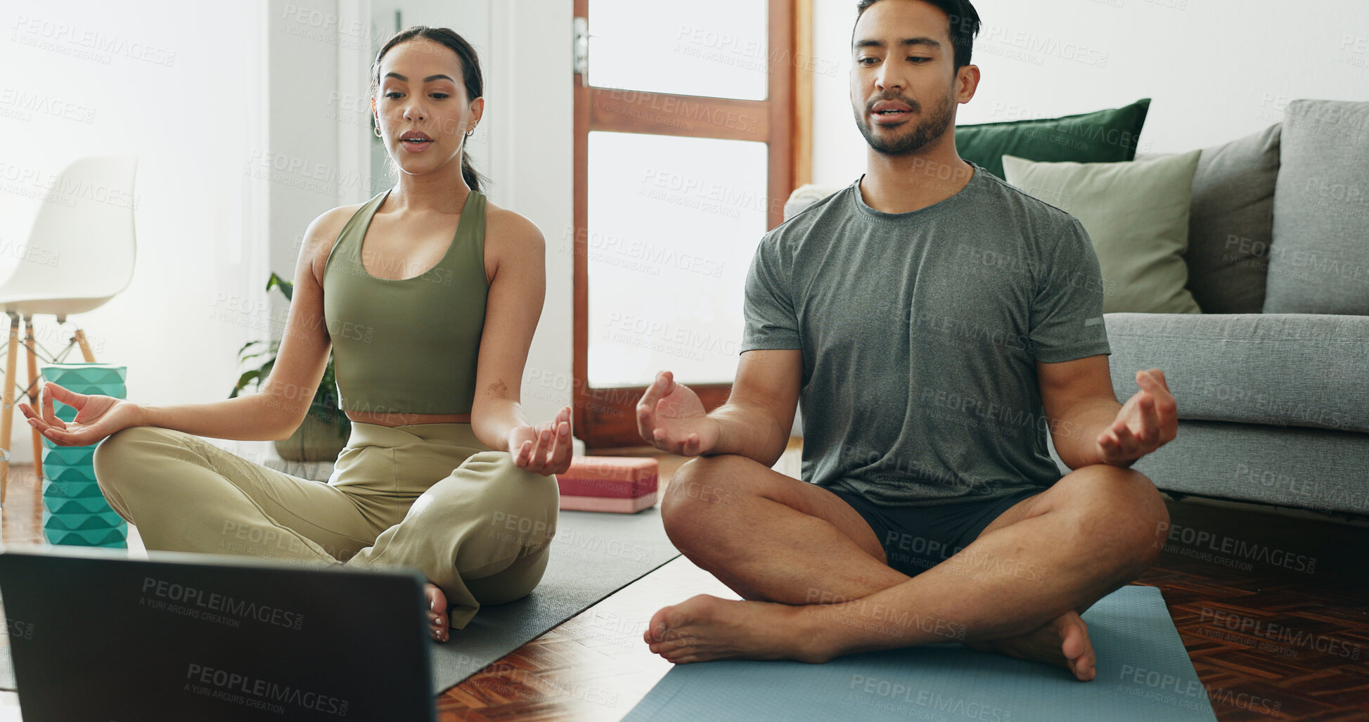 Buy stock photo Laptop, yoga and couple with meditation in house living room for pilates tutorial, online class or breathing. Lotus, zen man and calm woman relax for mental health, chakra balance or internet guide