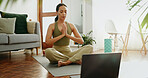 Laptop, yoga and woman with meditation in house living room for pilates training, online class or breathing. Lotus, zen person and calm yogi relax for mental health, chakra balance or internet guide