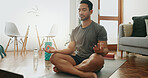 Laptop, pilates and man with meditation in house living room for yoga training, online class or breathing. Lotus, zen person and calm yogi relax for mental health, chakra balance or internet guide