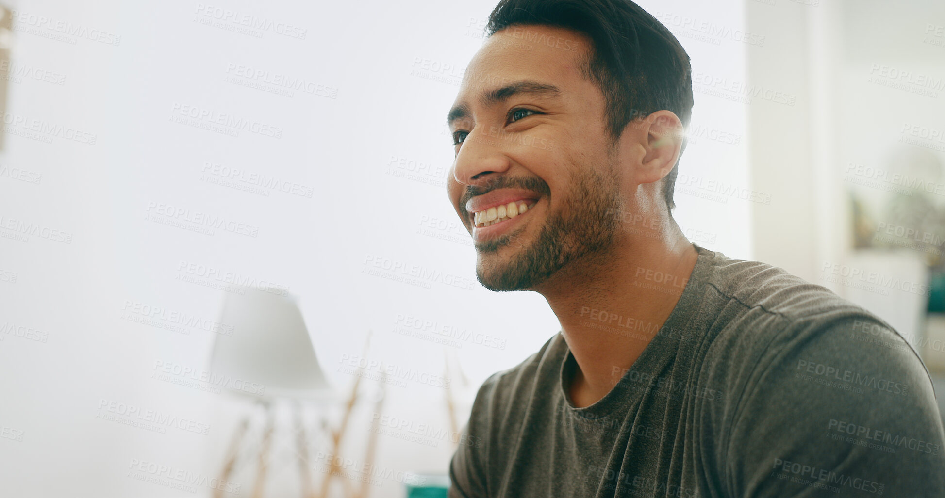 Buy stock photo Home, thinking and man with smile, ideas and relax with comfort, solution and thoughts. Person, apartment and guy with planning, problem solving and decision with choice, contemplation and mindset