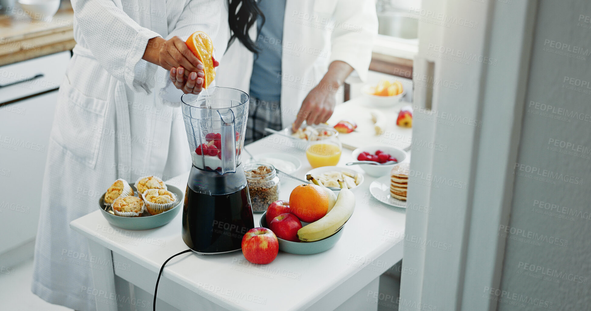 Buy stock photo Couple, breakfast and blender for smoothie in kitchen for vitamin nutrition, morning routine or healthy protein shake. People, hands and organic detox for weight loss, vegan drink or wellness in home