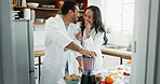 Couple, happy and blender for smoothie in kitchen for funny joke, morning routine and healthy protein shake. People, laughing and organic detox for weight loss and breakfast with nutrition in home