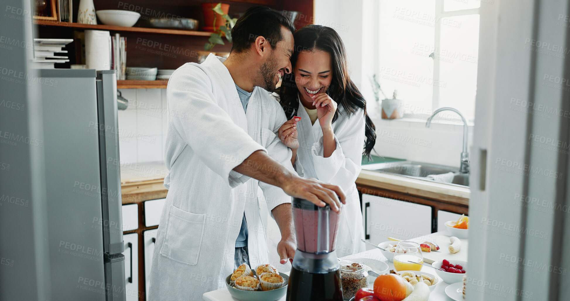 Buy stock photo Couple, happy and blender for smoothie in home for funny joke, morning routine and healthy protein shake. People, laughing and organic detox for weight loss or fruit breakfast with bonding in kitchen