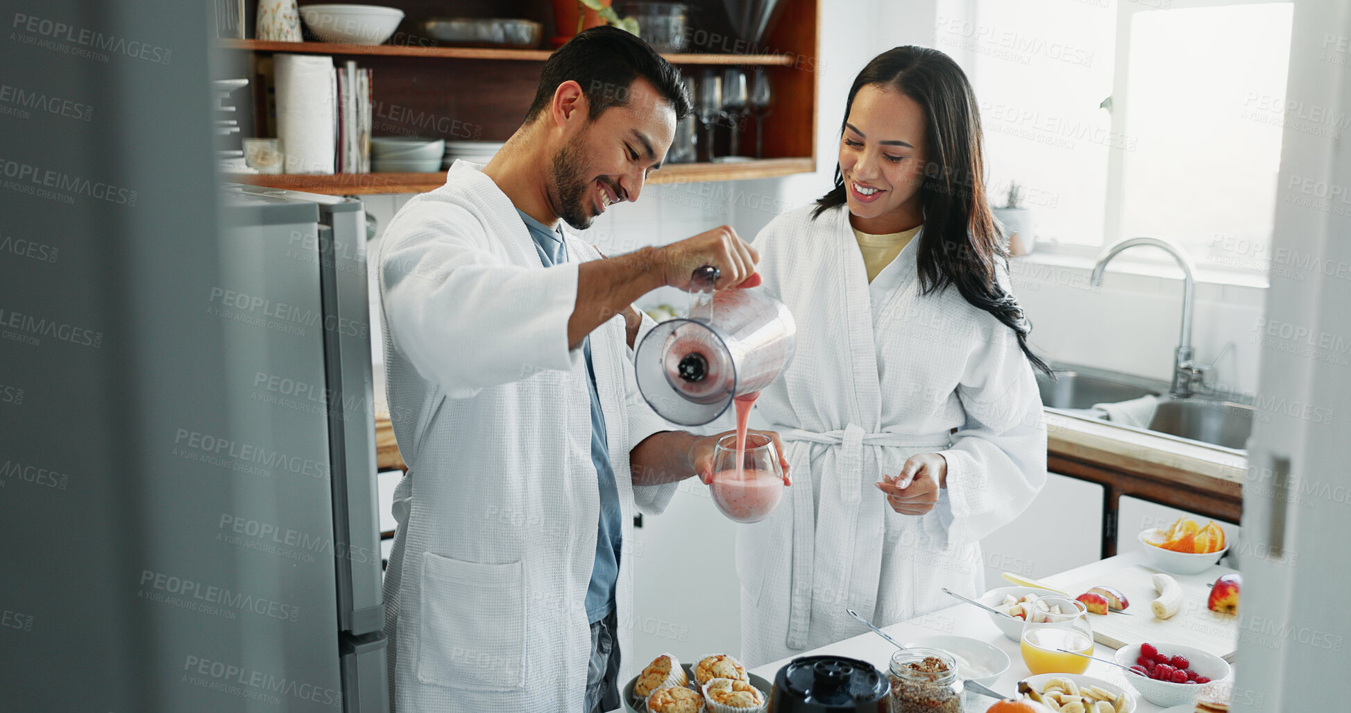 Buy stock photo Couple, blender and pour smoothie in kitchen for vitamin nutrition, morning routine and healthy protein shake. People, bonding together and detox for weight loss, vegan drink and wellness in home