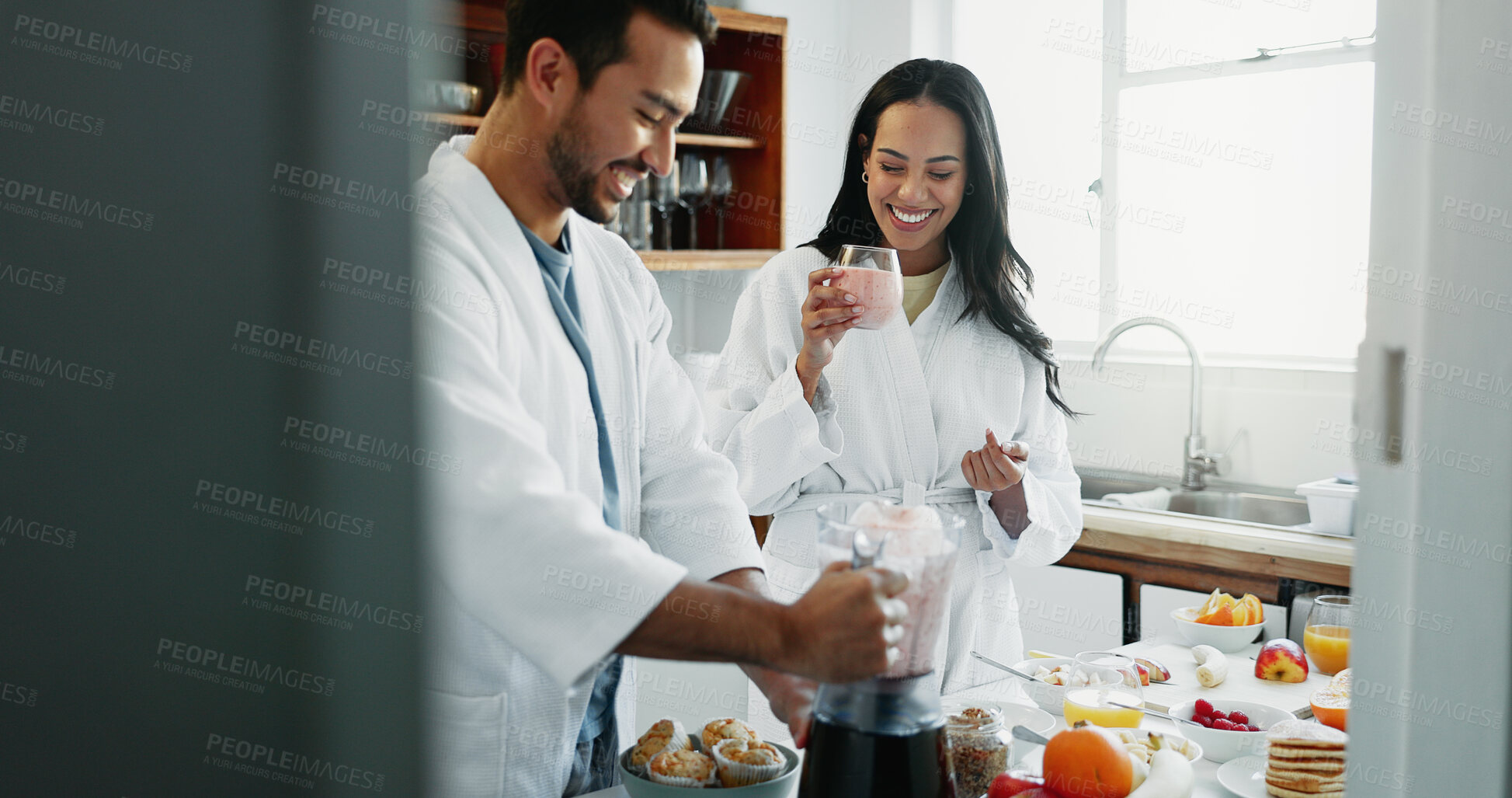 Buy stock photo Couple, happy and blender for smoothie in kitchen for funny joke, morning routine and healthy protein shake. People, laughing and organic detox for weight loss or fruit breakfast with bonding in home