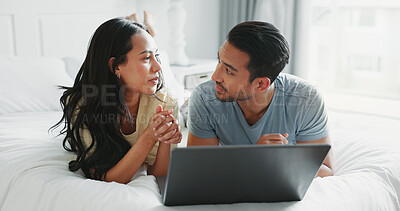 Buy stock photo Bedroom, home and couple with laptop, morning and conversation with love, internet and dating. Apartment, relax and man with woman, computer and connection with romance, marriage and relationship