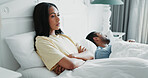 Upset, sleeping and couple in bed at house with divorce for infidelity, cheating or affair. Angry, rest and woman with insomnia for argument with boyfriend for toxic relationship in bedroom at home.