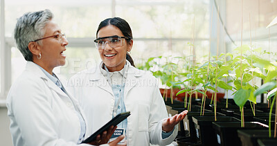 Buy stock photo Research, science and employees with tablet, plants and collaboration for agriculture. People, women and researchers with technology, study and digital app for gmo results, conversation or connection