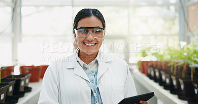 Buy stock photo Woman, science and portrait with smile in greenhouse for biochemistry, research and development. Scientist, innovation and happy person with tablet by plants for ecosystem, ecology and climate change