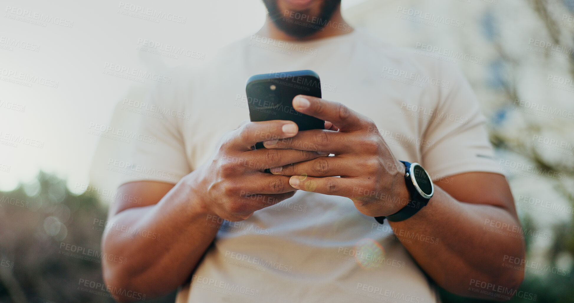 Buy stock photo Man, hands and typing with phone in nature for social media, sports news or online browsing. Closeup of male person on mobile smartphone or app for internet connection, chat or outdoor communication