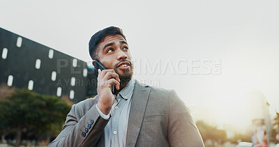 Buy stock photo Business, man and thinking with phone call in city for company consultation, networking and mockup. Professional, employee and smartphone in urban town for communication and conversation on sidewalk