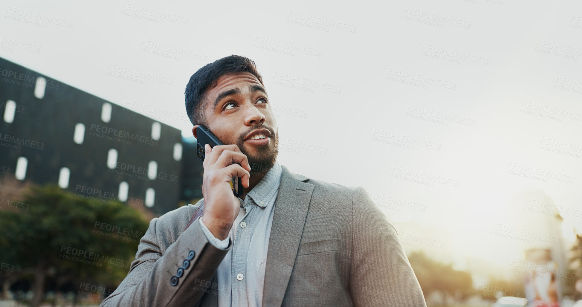 Buy stock photo Business, man and thinking with phone call in city for company consultation, networking and mockup. Professional, employee and smartphone in urban town for communication and conversation on sidewalk