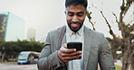 Man, phone and smile in city for commute, travel and public transport schedule on street. Business person, mobile to happy on sidewalk with online taxi service, update and heading to work in New York