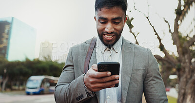 Buy stock photo Man, phone and smile in city for commute, travel and public transport schedule on street. Business person, mobile to happy on sidewalk with online taxi service, update and heading to work in New York