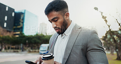 Buy stock photo Man, phone and coffee in city for commute, travel and public transport schedule. Business person, mobile and drink on street for online taxi service, update and running late for work in New York