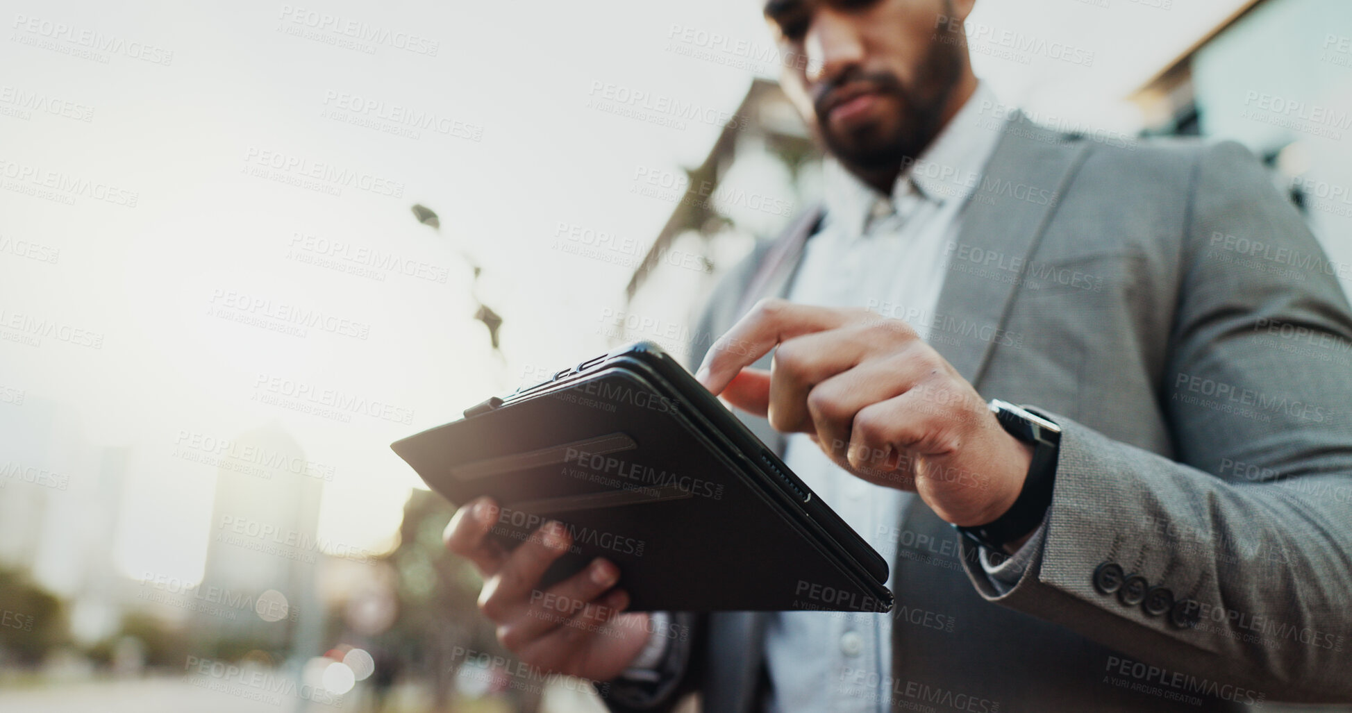 Buy stock photo Corporate, typing and man with tablet, internet and social network in city, connection and professional. New York, attorney and lawyer with tech, digital app and website info with email notification