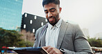 Corporate, typing or man with tablet in city, smile or internet for research, website info or digital app. New York, attorney or lawyer with tech, connection or email notification with social network
