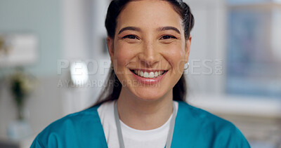 Buy stock photo Nurse, portrait and happy in hospital for healthcare, confidence and professional. Doctor assistant, smile and face in gynecology clinic for wellness, medicine and government services in Brazil