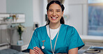 Nurse, portrait and confident in hospital for healthcare, smile and professional. Doctor assistant, happy and arms crossed in gynecology clinic for wellness, medicine or government services in Brazil