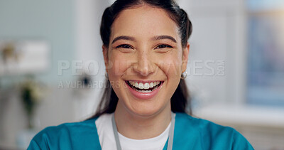 Buy stock photo Nurse, face and pride in hospital for healthcare, confidence and professional. Doctor assistant, happy and portrait in gynecology clinic for wellness, medicine and consultant services in Brazil