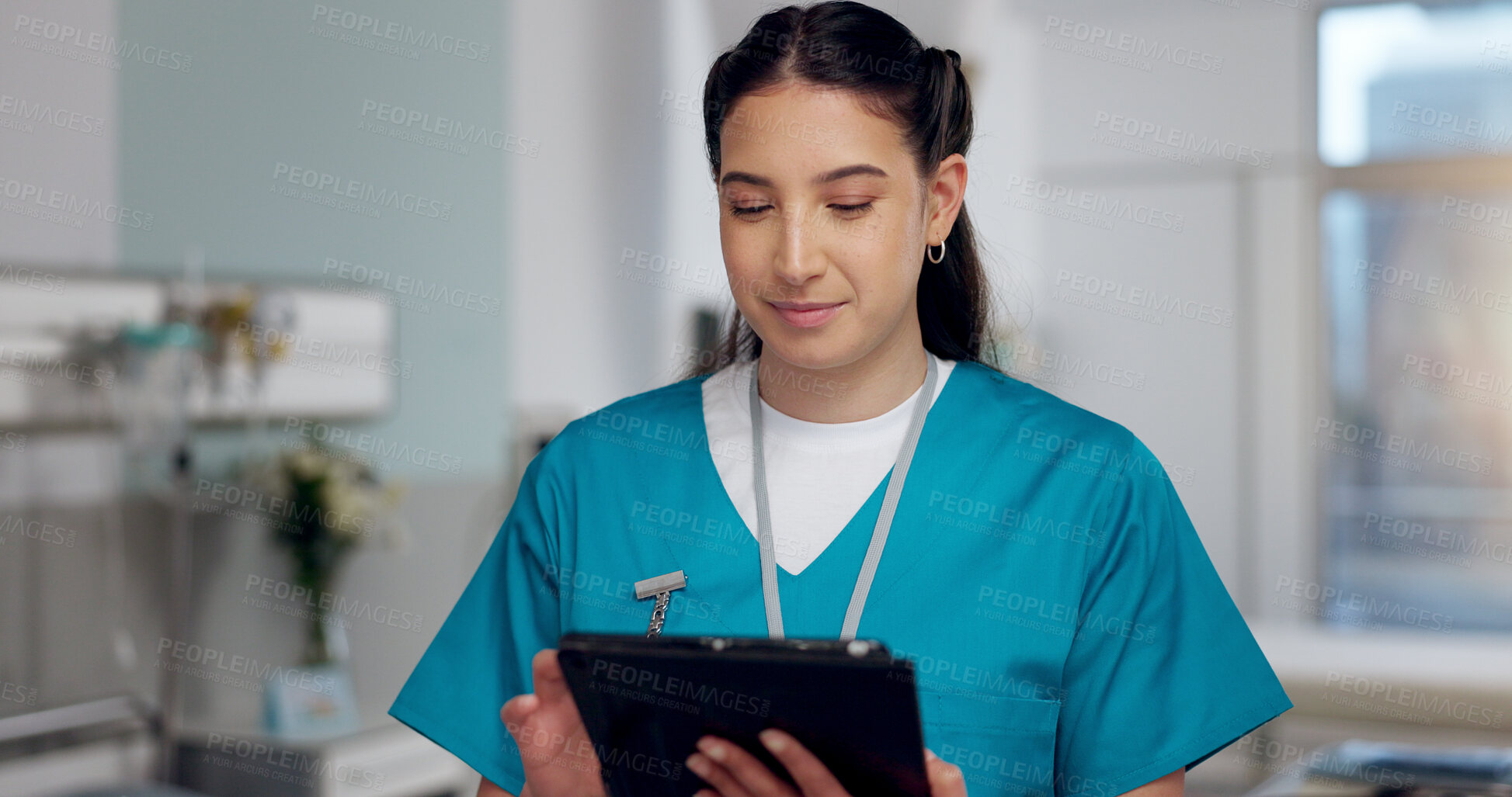 Buy stock photo Woman, nurse and reading on tablet at hospital for Telehealth consultation, healthcare charts and medical test. Female person, digital and medicine research, review information and diagnosis solution