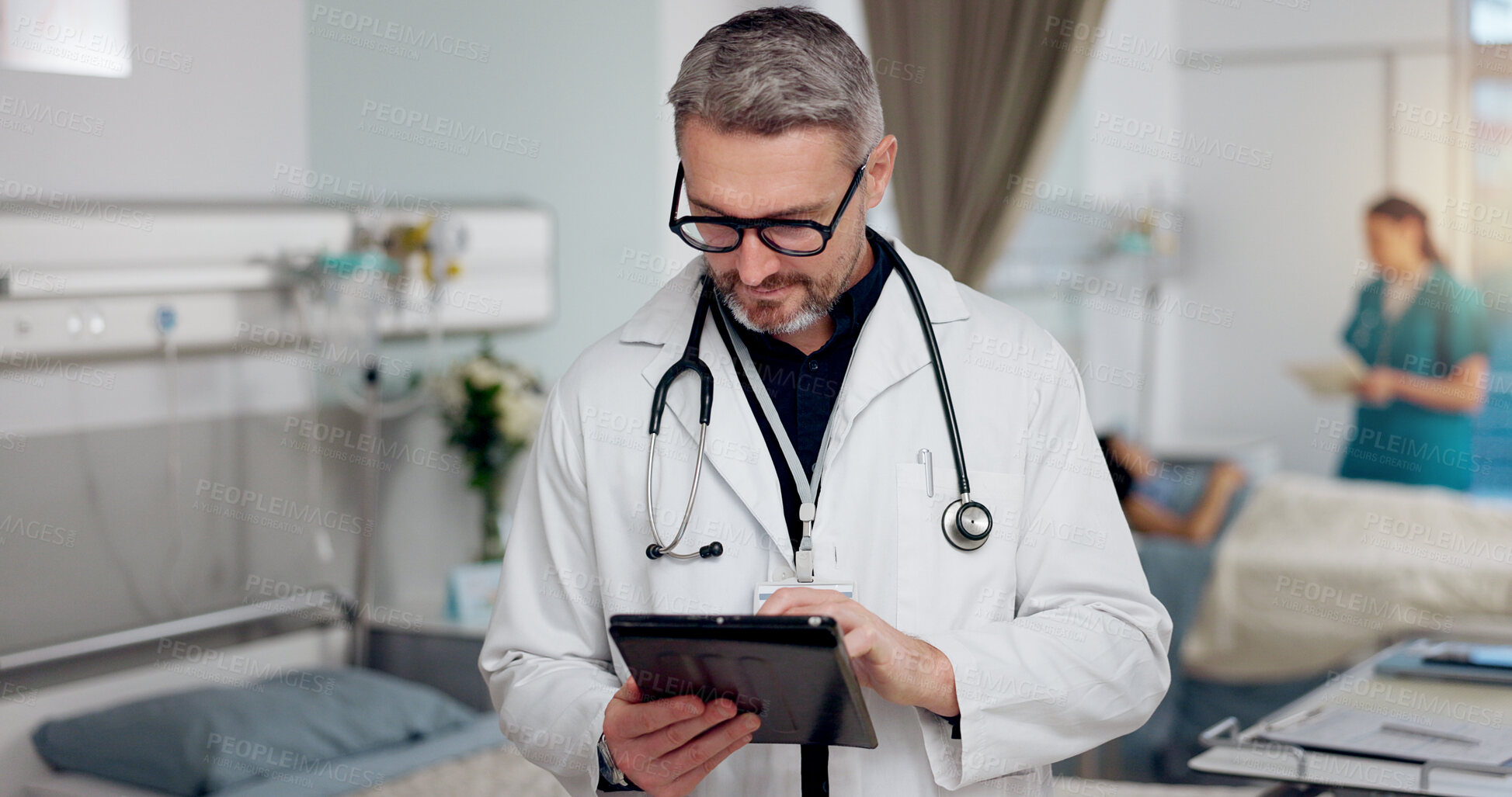 Buy stock photo Man, doctor and typing on tablet at clinic for Telehealth consultation, healthcare charts and medical. Physician, digital and review surgery schedule, diagnosis report and prescription information