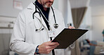 Hands, doctor and writing on document at clinic for healthcare charts, surgery planning and information. Man, clipboard and evaluation checklist for prescription list, test results and medical report