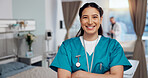 Nurse, woman and portrait with smile, hospital or clinic for recovery, wellness or healthcare for treatment. Female person, confidence and medical staff for diagnosis, results and advice with support