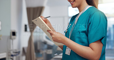 Buy stock photo Nurse, woman and writing in folder, clinic or hospital for recovery, wellness or healthcare for treatment. Female person, note and medical staff for record, diagnosis or results for support or advice