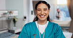 Doctor, portrait and smile in hospital for healthcare, confidence and professional. Medical assistant, happy and trust in gynecology clinic for wellness, medicine and government services in Brazil