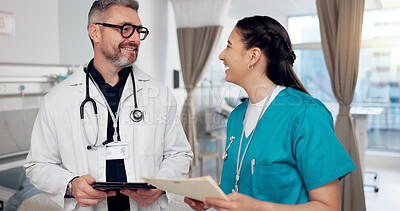 Buy stock photo Tablet, doctor and nurse in discussion at hospital for recovery, wellness and healthcare for treatment. Man, woman and tech as medical staff with record, diagnosis and results with support or advice