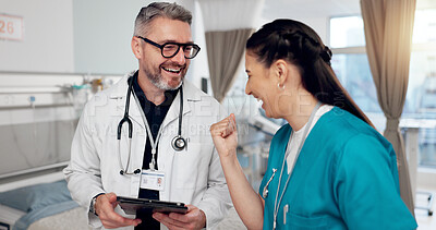 Buy stock photo Celebration, doctor and nurse in hospital room, smile and happy with results of diagnosis and teamwork. Tablet, people and collaboration for research, success and thank you for help in healthcare