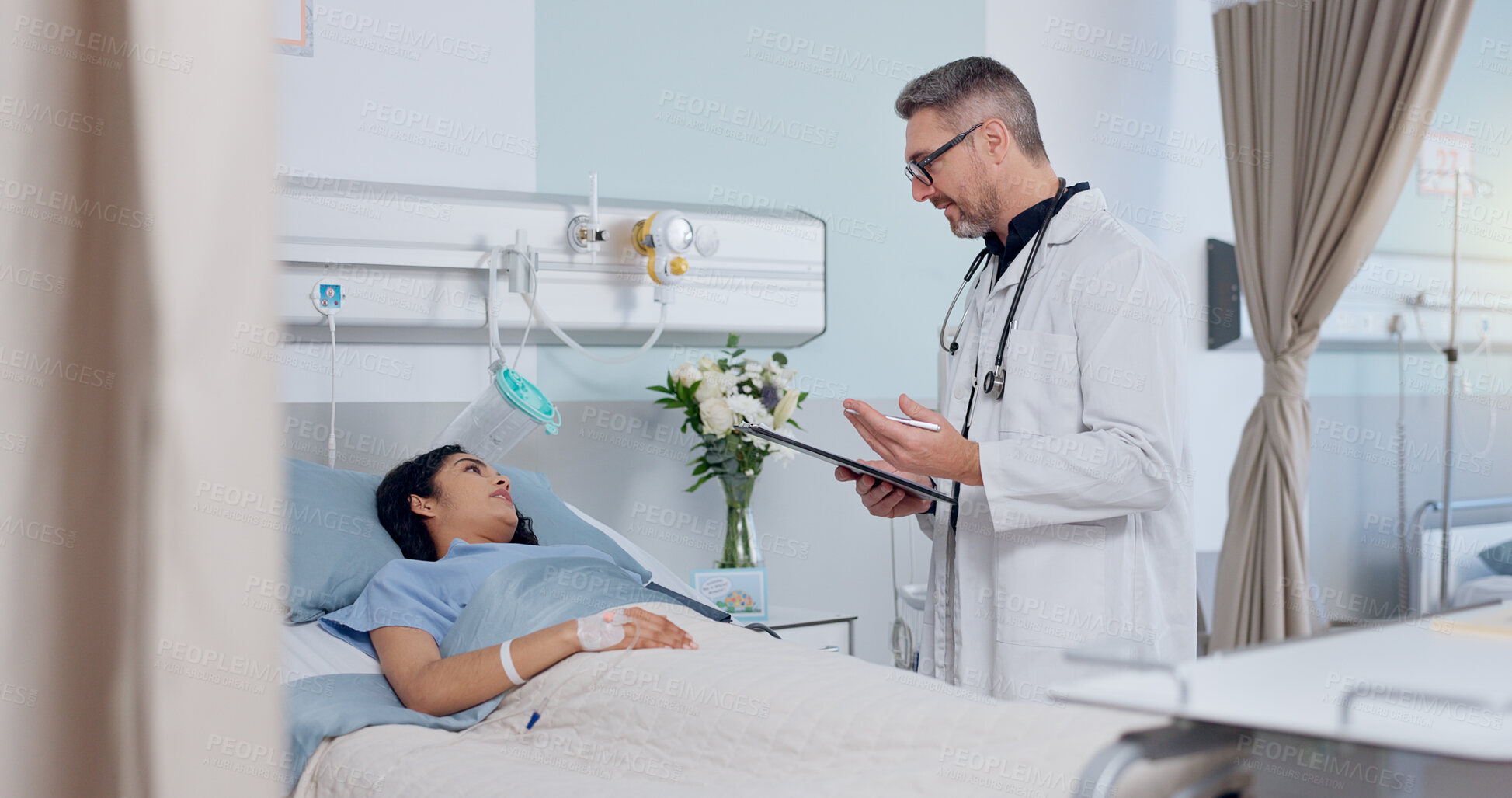 Buy stock photo Consultation, bed and doctor with patient in hospital for healthcare, clipboard or medical service. Checklist, discussion and cardiology surgeon with woman for postoperative checkup in clinic.