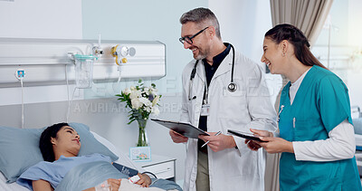 Buy stock photo Woman, doctor and nurse in hospital or clinic for recovery, wellness and healthcare for treatment. Female person, patient and medical staff with record, diagnosis and results for support or advice 