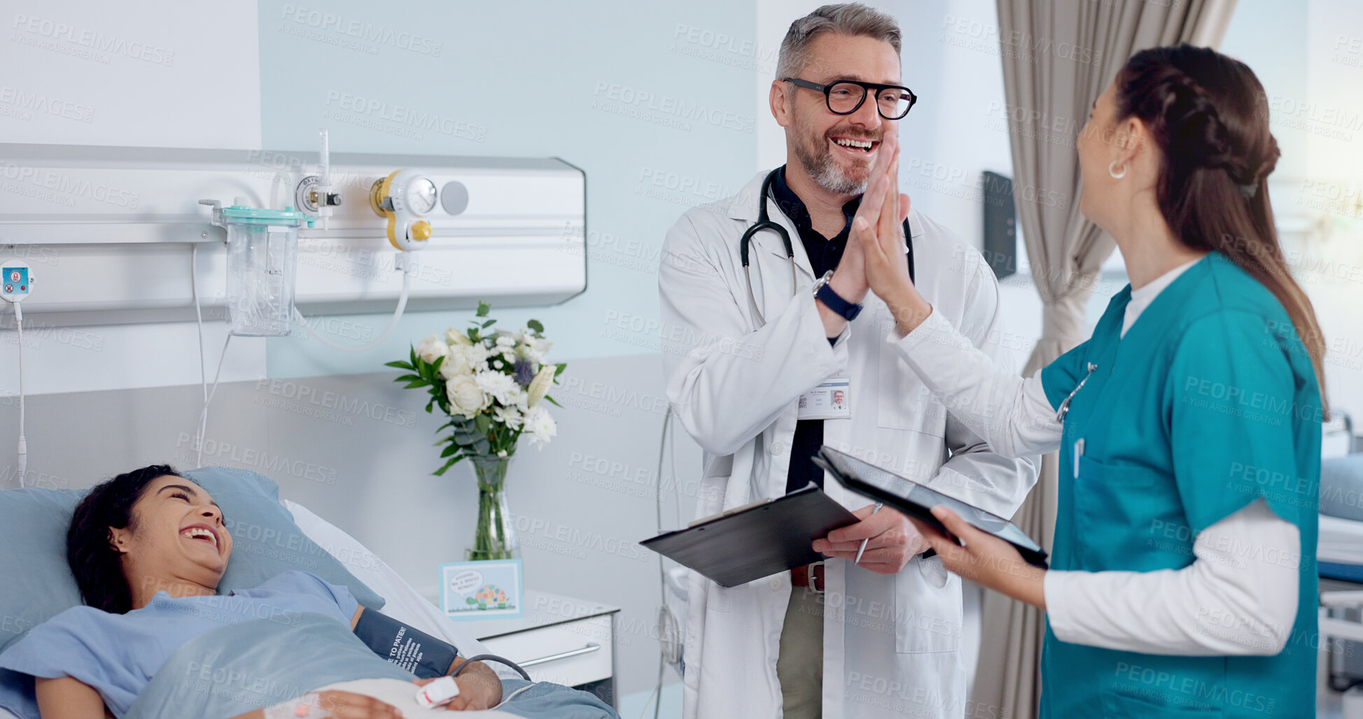 Buy stock photo High five, doctor and nurse in hospital room, patient and happy with results of diagnosis and teamwork. Tablet, people and success of research, hands and thank you for help, healthcare or celebration