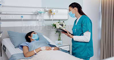 Buy stock photo Tablet, face mask and nurse with woman in hospital for healthcare, consultation or emergency service. Digital technology, virus and medical worker with patient for postoperative checkup in clinic.